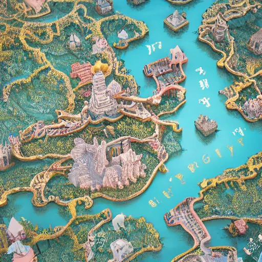 Image similar to intricate baroque kawaii cartography map of a fantasy world : : terrain cartography, fantasy aesthetic, autodesk 3 d rendering, v - ray collection, maverick studio, arnold 3 d render, blender render, indigo renderer, redshift render, enscape render, maxwell render, luxcorerender, renderman, lumion render, marmoset render