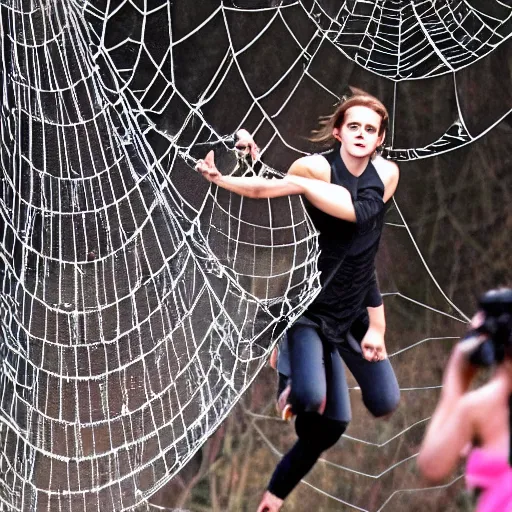 Image similar to frustrated emma watson dangling and trapped in giant spider webs