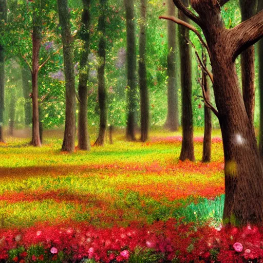 Image similar to A forest with beautiful flowers scatter across the field with large trees of all colors, digital art, detailed, trending on artstaion