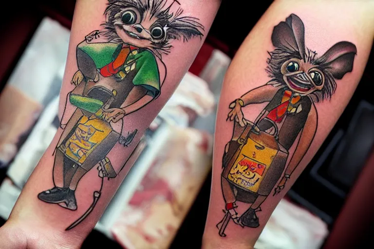 Image similar to a cute hyper realistic tattoo of gizmo from the movie gremlins wearing a wedding suit and looking happy in the style of sailor jerry. new school tattoo, tattoo, dslr