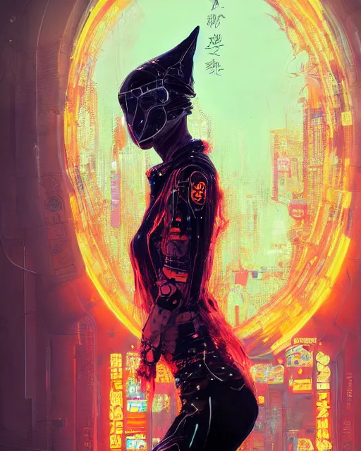 Image similar to detailed full body portrait of a gorgeous witch, cyberpunk futuristic neon, orange reflective puffy coat, decorated with traditional Japanese ornaments by Ismail inceoglu dragan bibin hans thoma greg rutkowski Alexandros Pyromallis Nekro Rene Maritte Illustrated, Perfect face, fine details, realistic shaded, fine-face, pretty face