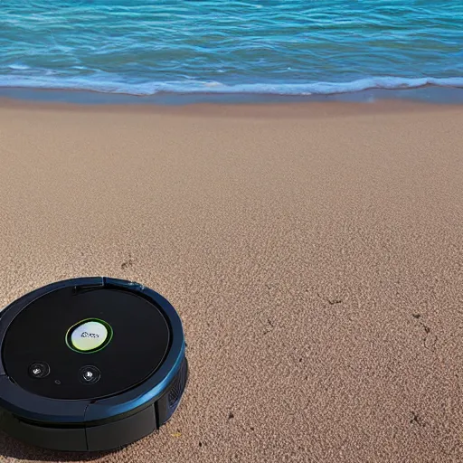 Prompt: roomba chilling on the beach