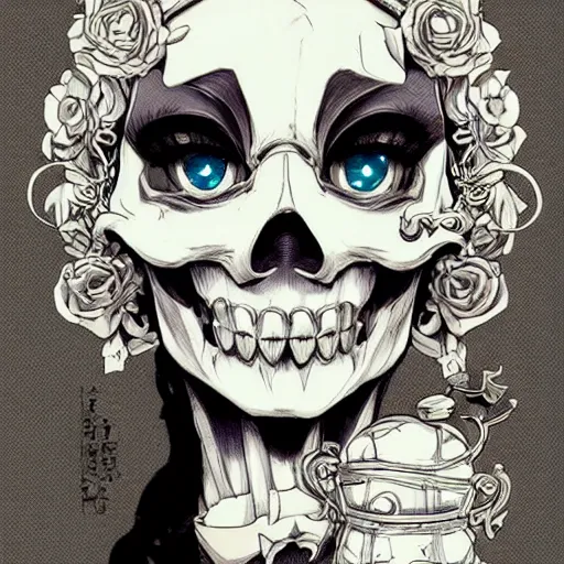 Image similar to anime manga skull portrait young woman skeleton, cuphead, steamboat willy, intricate, elegant, highly detailed, digital art, ffffound, art by JC Leyendecker and sachin teng