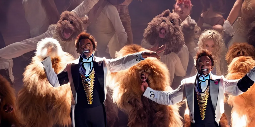 Prompt: Hugh Jackman in Greatest Showman standing 6 feet from a plink fluffy furry monster making silly faces on a stage with spotlights, movie still