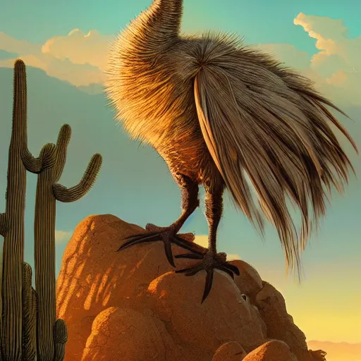 Prompt: A Dodo bird perched atop a Saguaro cactus in the desert, digital art, trending on Artstation, high detail, sharp focus, illustration, art by artgerm and greg rutkowski and alphonse mucha.