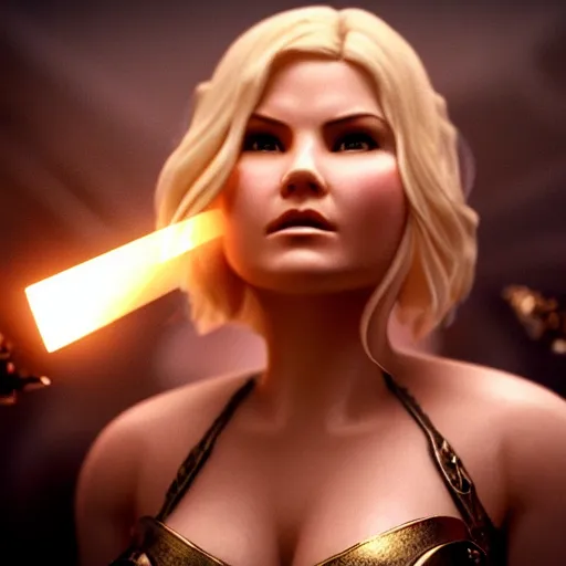 Image similar to cinematic scene with elisha cuthbert as the goddess of war, dramatic, small details, volumetric lighting