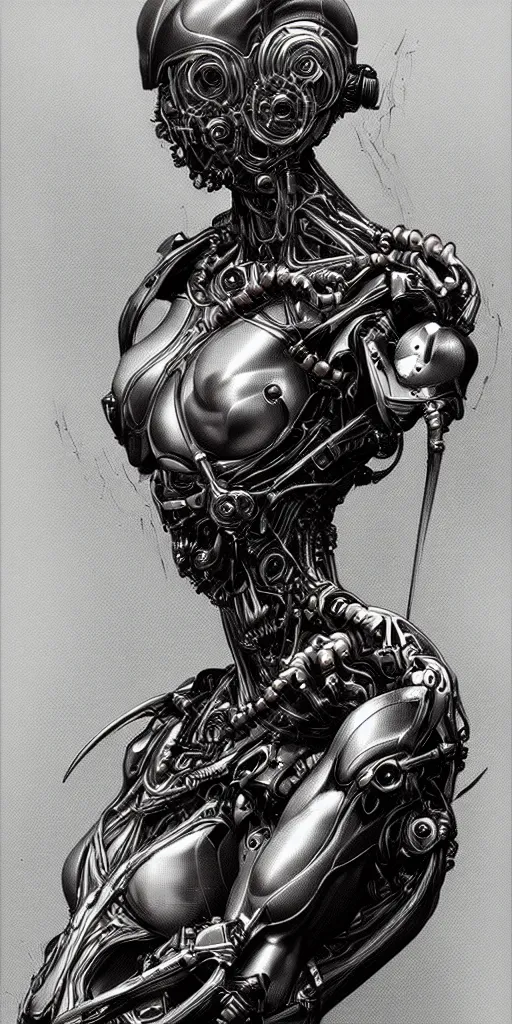 Image similar to portrait of a cyborg woman by Gustave Doré, biomechanical, hyper detailled, trending on artstation