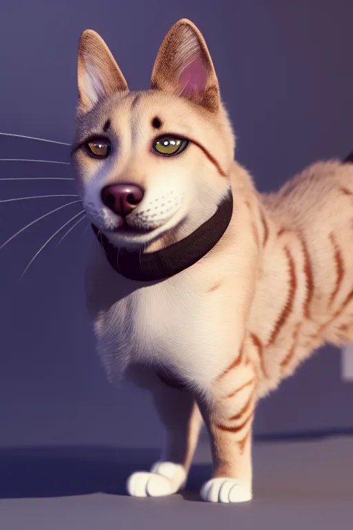 Image similar to a cat mixed with a dog, very detailed, ultrarealistic, dramatic lighting, electrical details, high details, 4k, 8k, trending on artstation, fur, groom, k9, photorealism, ultrarealistic, octain render, ray tracing, mental ray, catdog, unreal engine 5