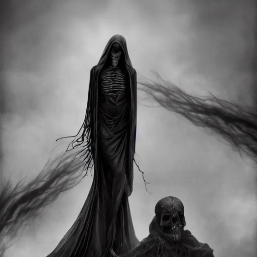 Image similar to gigantic black silk gown skeletal angel of death visiting the Village, walking among people in the opendoor market, people panicking,megalophobia, horror, fog, foster, highly detailed, one house, fear, dark inside, dark mammatus cloud,hyper realistic, atmospheric lighting, beksinski