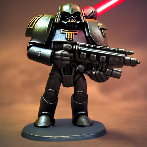 Image similar to space marine from warhammer 40000 in the style of Darth Vader from star wars, realism, depth of field, focus on darth vader,