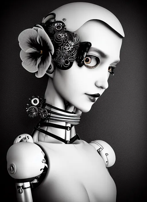 Image similar to black and white dreamy profile face portrait, one silver steampunk eye biomechanical beautiful angelic young female cyborg - robot - doll bust, body ribs meshes,, volumetric light, hibiscus flowers, rim light, big gothic fashion pearl embroidered collar, 1 9 3 0, 8 k