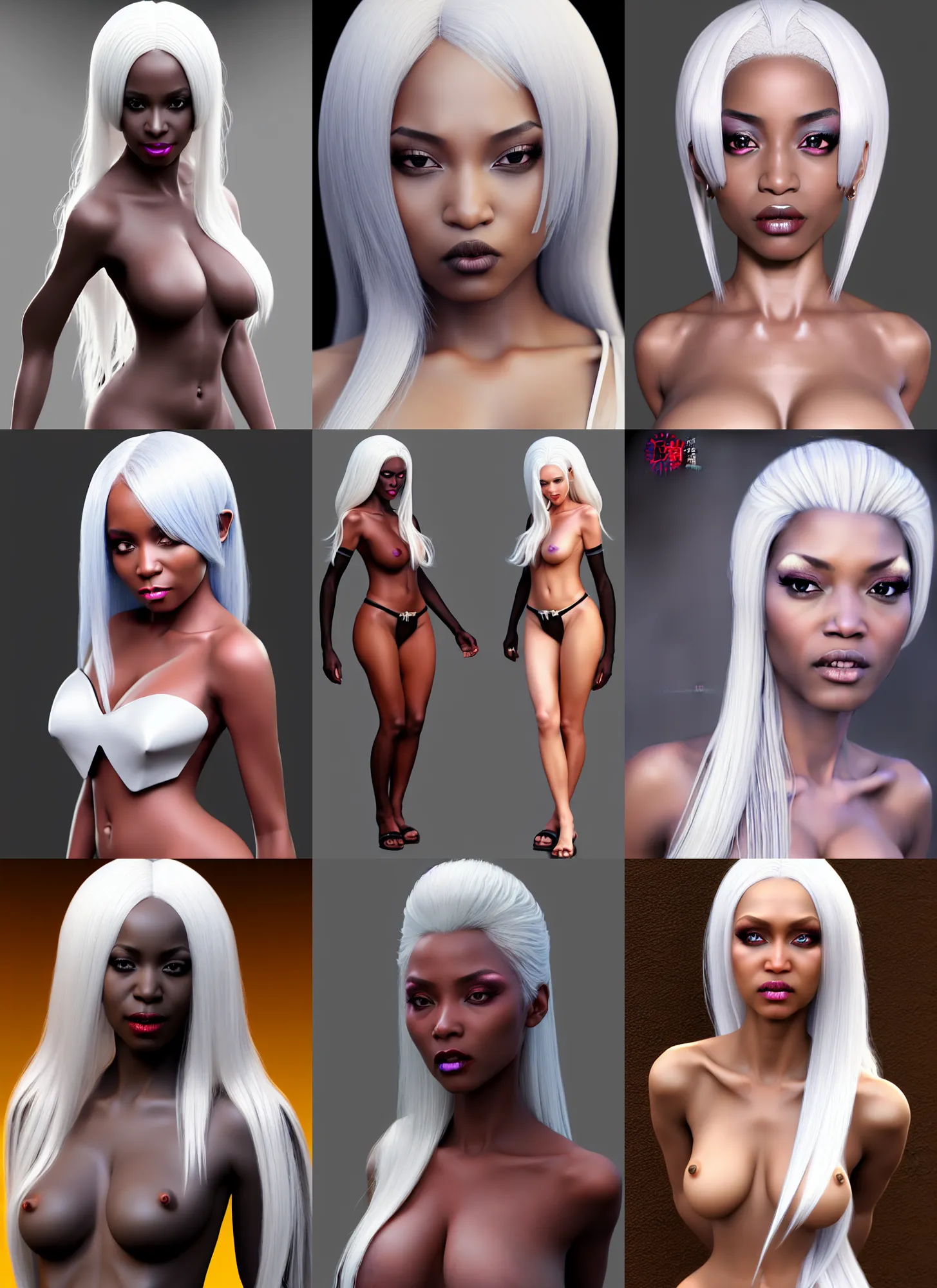 Prompt: full length complex 3 d hyper realistic smooth ultra sharp render of a gorgeous light skinned african woman with white hair | demoness, succubus | medieval, fantasy, d & d | art by 吵 集 仁 儿 on artstation + oh jinwook + sakimichan