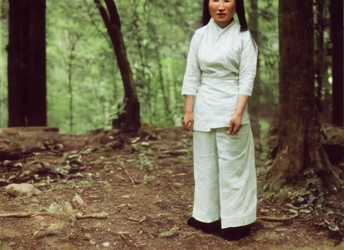 Image similar to An Asian woman in white, in the forest, 90's professional color photograph.