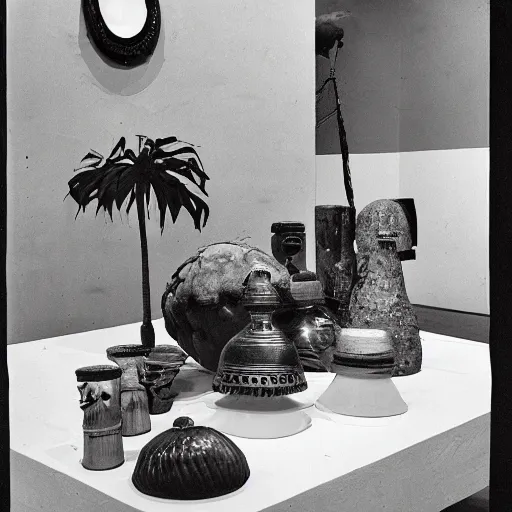 Prompt: an offset photography of an object on display, three colors, ( anthropology of wonder ), ( ( exotic artifacts ) ), bauhause, ( tropicalism ), ( colonial expedition ), exhibition, 6 0 s style