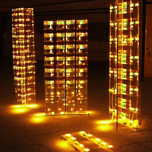 Image similar to digital grids and glowing stones with embedded LEDs. amber glowing screens and 9-track tape machines. jacob's ladder crackling.