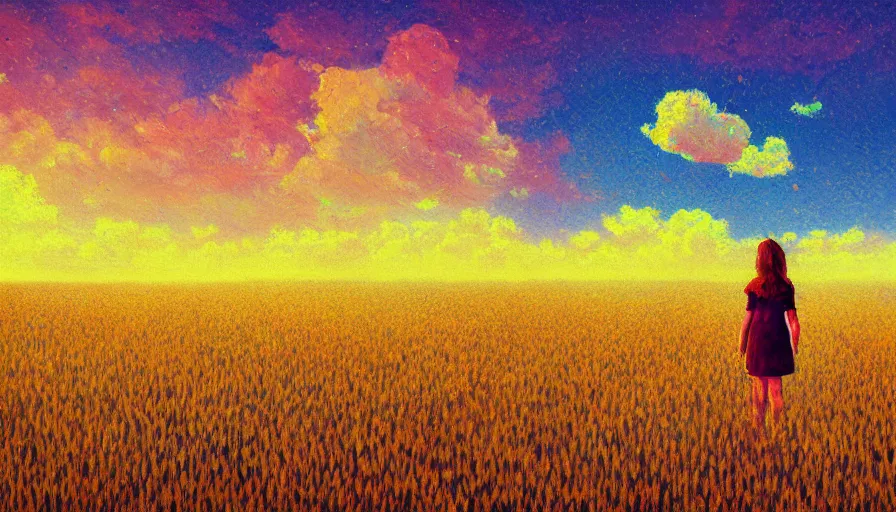 Image similar to flower face, full body, girl in empty wheat field, surreal photography, colorful clouds, tree, impressionist painting, colorful clouds, digital painting, pointillism, sunset, artstation, simon stalenhag