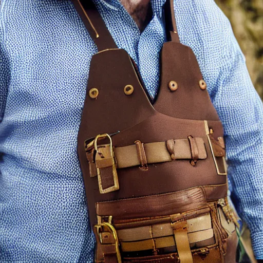 Image similar to close up headshot of a frowning clean shaven pudgy British lad with short curly dark brown hair as a hobbit wearing a white men's crossbody sling chest bag and blue vest, blue vest!! white crossbody chestbag!! high resolution film still, by Elizaveta Porodina