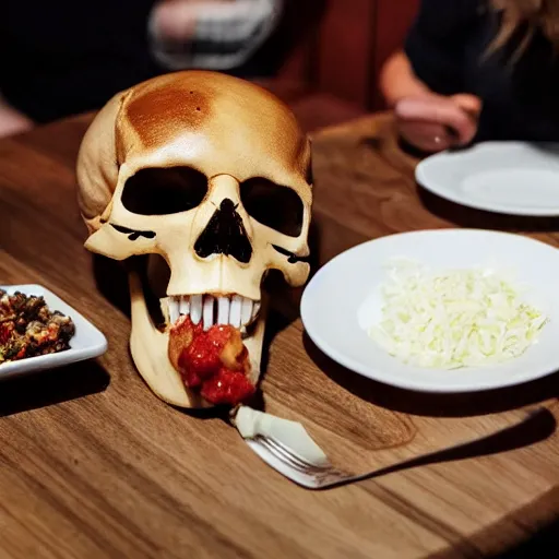 Prompt: Skeleton eating at Outback Steakhouse