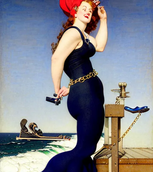 Image similar to a fancy beautiful plump young lady holding a purse standing on a wharf at the edge of the sea by brom and gil elvgren and jean delville and william blake and norman rockwell and michael whelan, crisp details, hyperrealism, high detail, high contrast, feminine features, stylish navy blue heels, gold chain belt, cream colored blouse