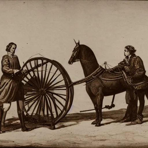 Image similar to a horse pulling a canon. the canon is harnessed to the horse and towed