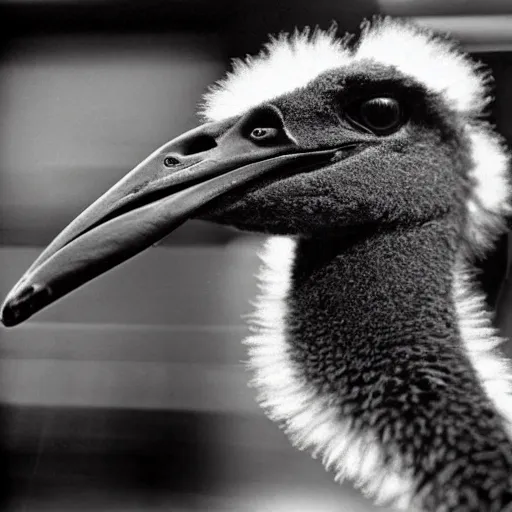 Image similar to black and white flash close - up photograph by weegee of an emu in times square.