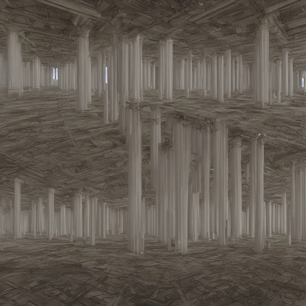 Image similar to a very large room with a lot of columns, a computer rendering by senior environment artist, polycount, deconstructivism, greeble, vray, vray tracing