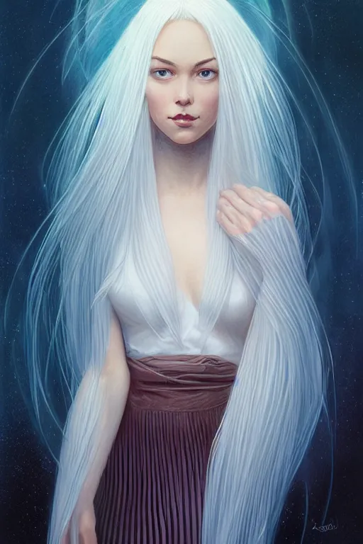 Image similar to portrait female holding crystal white hair glowing, blush, pleated skirt, flowing hair, slim face, elegant, terry moore, barclay shaw, karol bak, greg rutkowski