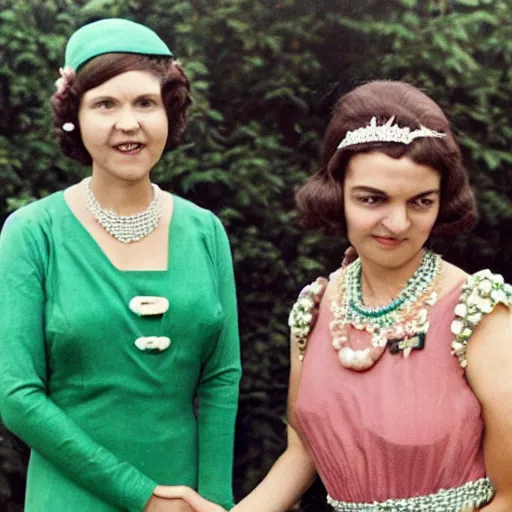 Image similar to a queen with tan skin, short, rippling dark cinnamon hair, and emerald eyes is shown meeting with the prime minister in a long, medium wide shot, german and eastern european mix kodachrome slide. in a vintage historical fantasy photograph from 1 9 3 2, she is shown donning a pink outfit and green jewels.