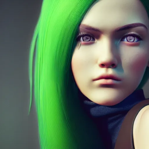 Image similar to portrait of missy, a young woman with long dark hair, green eyes and green hair, ultra detailed, photo realistic, trending on artstation, octane render