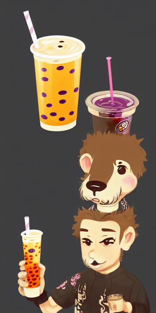 Image similar to a bernedoodle drinking boba tea, digital art, wallpaper, highly detailed, trending on artstation.