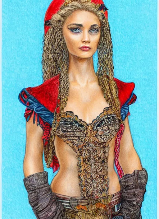 Prompt: full body detailed colored pencil drawing of a beautiful pirate female with a beautiful face wearing intricate clothing