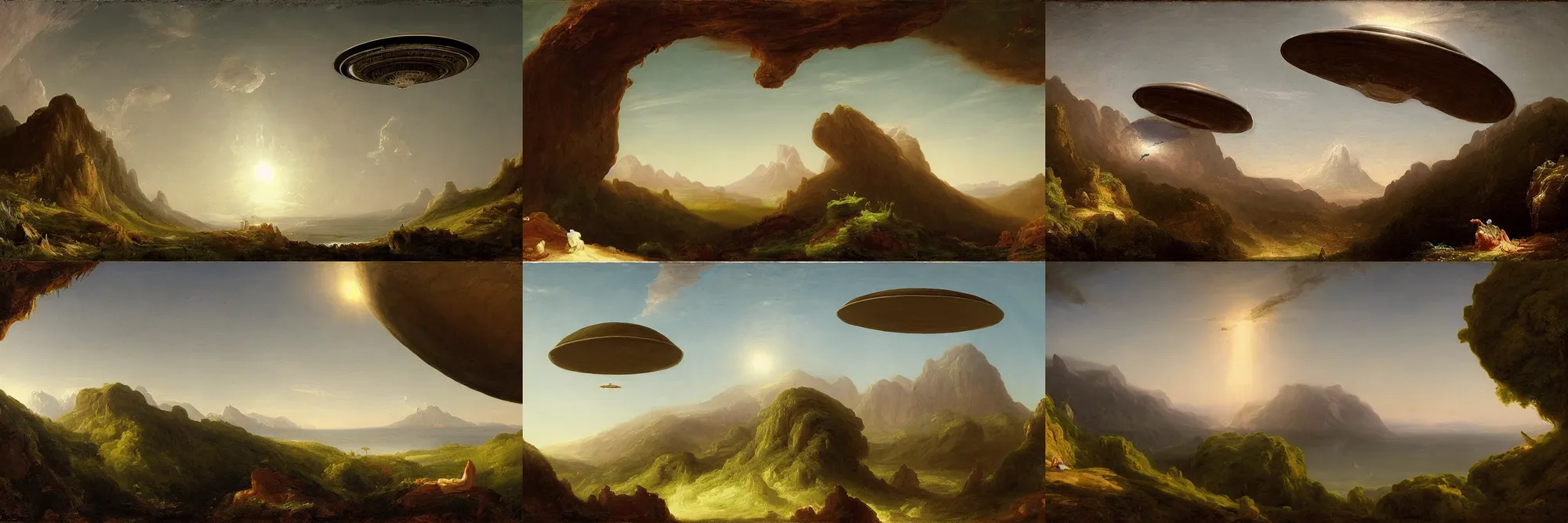 Prompt: Far away giant UFO emerging from the sky over a beautiful landscape by Thomas Cole, by Raphael Lacoste, by Guy Denning