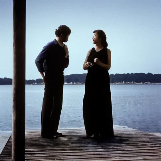 Image similar to A beautiful photograph of a man and a woman are standing on a dock, looking out at a body of water. The woman has her hand on the man's shoulder, and they appear to be deep in conversation. The colors in the photograph are muted, and the scene has a calming feeling. quartz by Ludwig Mies van der Rohe detailed, lines