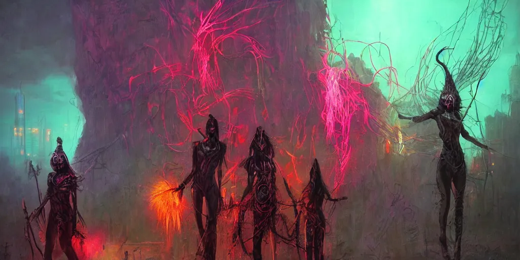 Image similar to witches and indigenous women warriors saving the country from lovecraftian aliens, neon colors, concept art, cyberpunk, high quality, photorealistic, 4 k, by zdzislaw beksinski