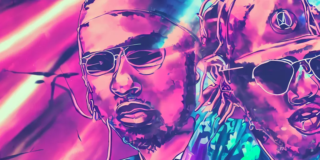 Prompt: close-up of rapper performing, digital art, vapor wave, hip hop, center blank, trending on Artstation, professional artist, detailed, 4k