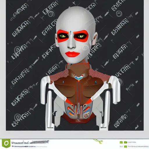 Prompt: cyborg fashion shot, headshot half figure, isometric,