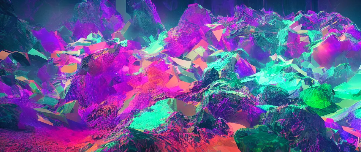 Image similar to dream landscape, houdini software simulation, glitch art, particle flow, volumetric object, physical particles, translucence, cinematic lighting, iridescence, by ash thorpe