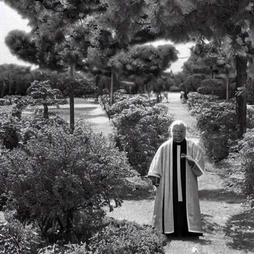 Prompt: a wide full shot, russian and japanese mix 1 9 8 0 s historical fantasy of a photograph taken of the guardian priest'plants and trees, photographic portrait, high - key lighting, warm lighting, overcast flat midday sunlight, 1 9 8 2 life magazine photograph, photojournalism from the new york times.