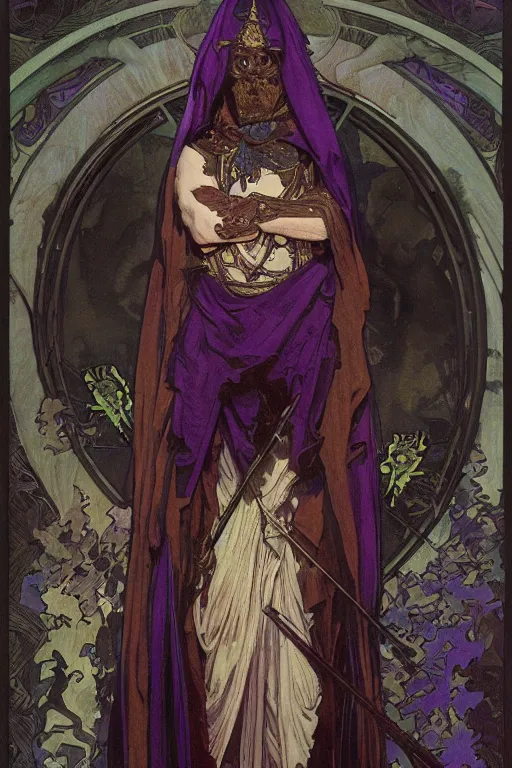 Image similar to tarot card, half - body, the devil, demon male, black and purple robes, beautiful, medieval, super detailed, ornate, by alphonse mucha, craig mullins, greg rutkowski, symmetry, 8 k, sharp focus