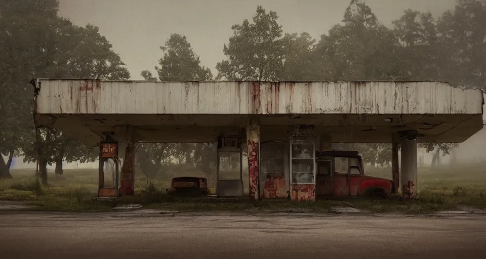 Image similar to Old abandoned gas stations on the side of the road to nowhere, evil, demonic, enchanting, misty, haze, cloudy, angelic, flowers, nature, environment concept, cinematic, cgsociety, dim and dark lighting, cinematic, intricate details, 8k detail post processing, hyperealistic, photo realism, by Edward Hopper