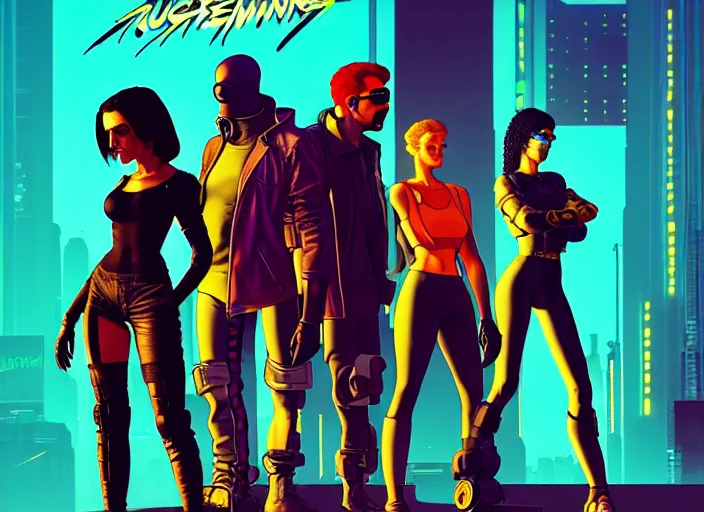 Image similar to cyberpunk street gang. portrait by stonehouse and mœbius and will eisner and gil elvgren and pixar. character design. realistic proportions. cyberpunk 2 0 7 7 character art, blade runner 2 0 4 9 concept art. cel shading. attractive face. thick lines. the team. diverse characters. artstationhq.