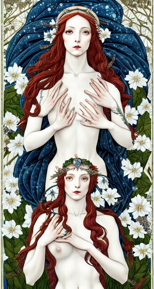 Image similar to the Goddess of Winter, in a mixed style of Botticelli and Æon Flux, inspired by pre-raphaelite paintings and shoujo manga, surrounded by flora and fauna, hyper detailed, stunning inking lines, flat colors, 4K photorealistic