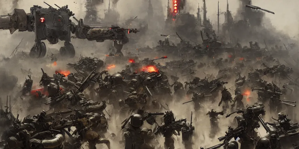 Prompt: french army and civilians are getting slaughtered by one samurai robot in the interbellum paris, very detailed painting, concept art, intense heavy street battle, bullet hell, pile of bodies, artillery bombings, blood on the streets, art by greg rutkowski and jakub rozalski