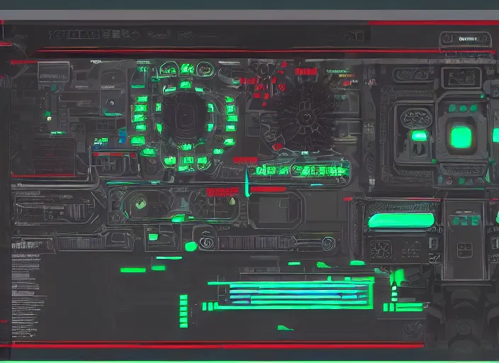 Image similar to cyberpunk graphics user interface ( gui ) depicting operational controls of a mech robot. design by mark coleran or jayse hansen