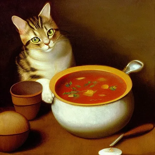 Image similar to the cat cooks soup, stirring a pot with a ladle, oil painting, drawn by Leonardo Da Vinci, trending in Artstation, artstationHD, 4k