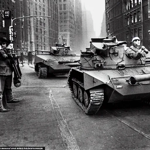 Prompt: Epic shootout between Soviet and American troops on the streets of New York, powerful explosions, futuristic style, super detail of each object,