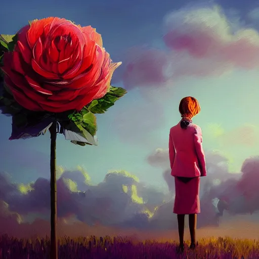 Image similar to portrait, giant rose flower head, girl in a suit, surreal photography, sunrise, blue sky, dramatic light, impressionist painting, digital painting, artstation, simon stalenhag