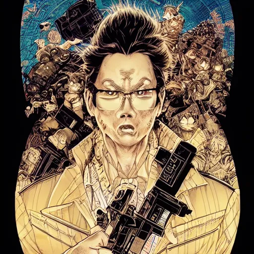 Image similar to portrait of crazy ghostbuster, symmetrical, by yoichi hatakenaka, masamune shirow, josan gonzales and dan mumford, ayami kojima, takato yamamoto, barclay shaw, karol bak, yukito kishiro