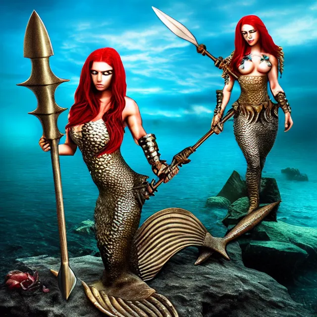 Image similar to armoured mermaid warrior with trident 4 k, hdr, smooth, sharp focus, high resolution, award - winning photo, anne stokes, photorealistic