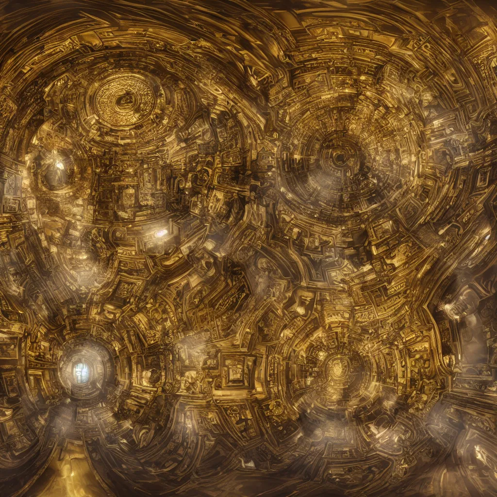 Prompt: “ a panoramic depth map of a digital neo baroque building that serves a temple for artificial intelligence gods in a sphere in the center that is glowing with gold, a human reaches out to touch it, detailed in 4 k ”